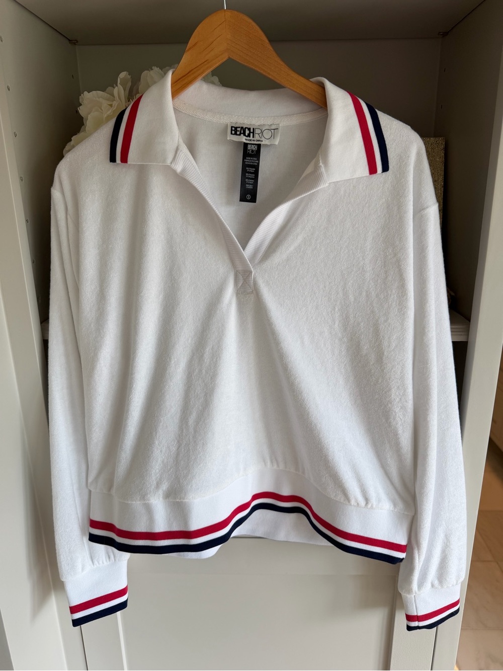 Beach Riot Women’s White Terrycloth Pullover Sweater with Red & Navy Trim